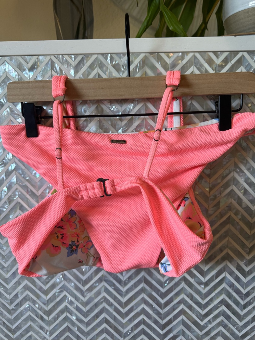 Maaji  Reversible Coral Pink And Floral Textured Bikini (2 Piece set) - Picture 6 of 6